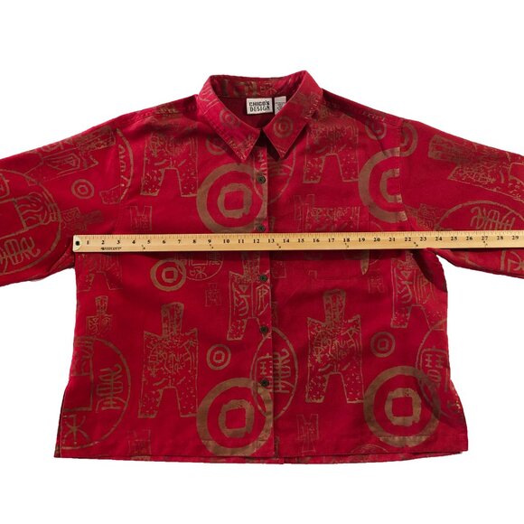 Chico's Design Sz 3 Red Long Sleeve Button Up Shirt Blazer Jacket Oriental Print - Picture 3 of 8